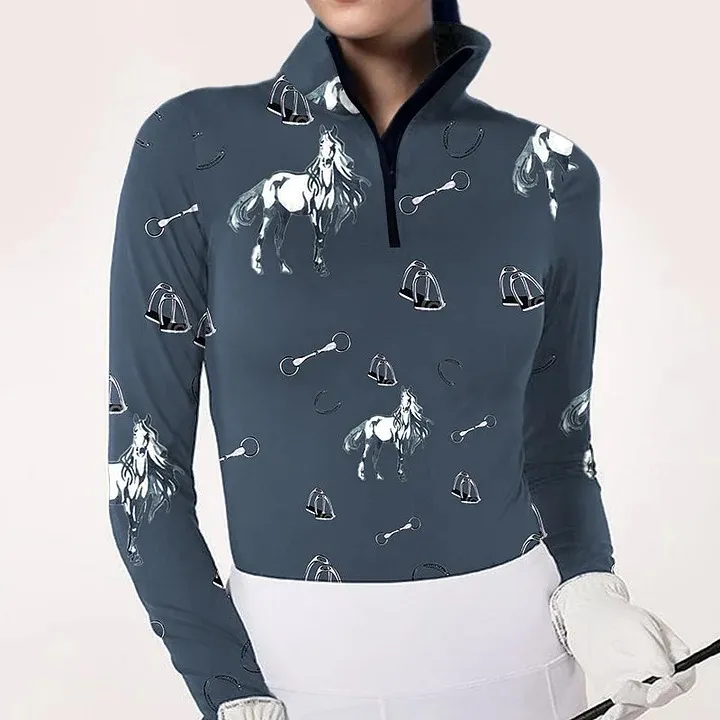 Horseshoes Women's Horse And Harness Print Long Sleeve Riding Style Casual Shirt