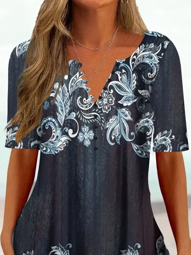 Women Half Sleeve V-neck Floral Printed Tops
