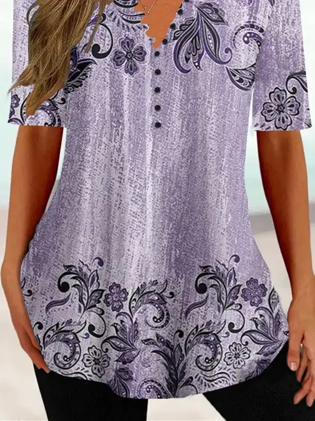 Women Half Sleeve V-neck Floral Printed Tops