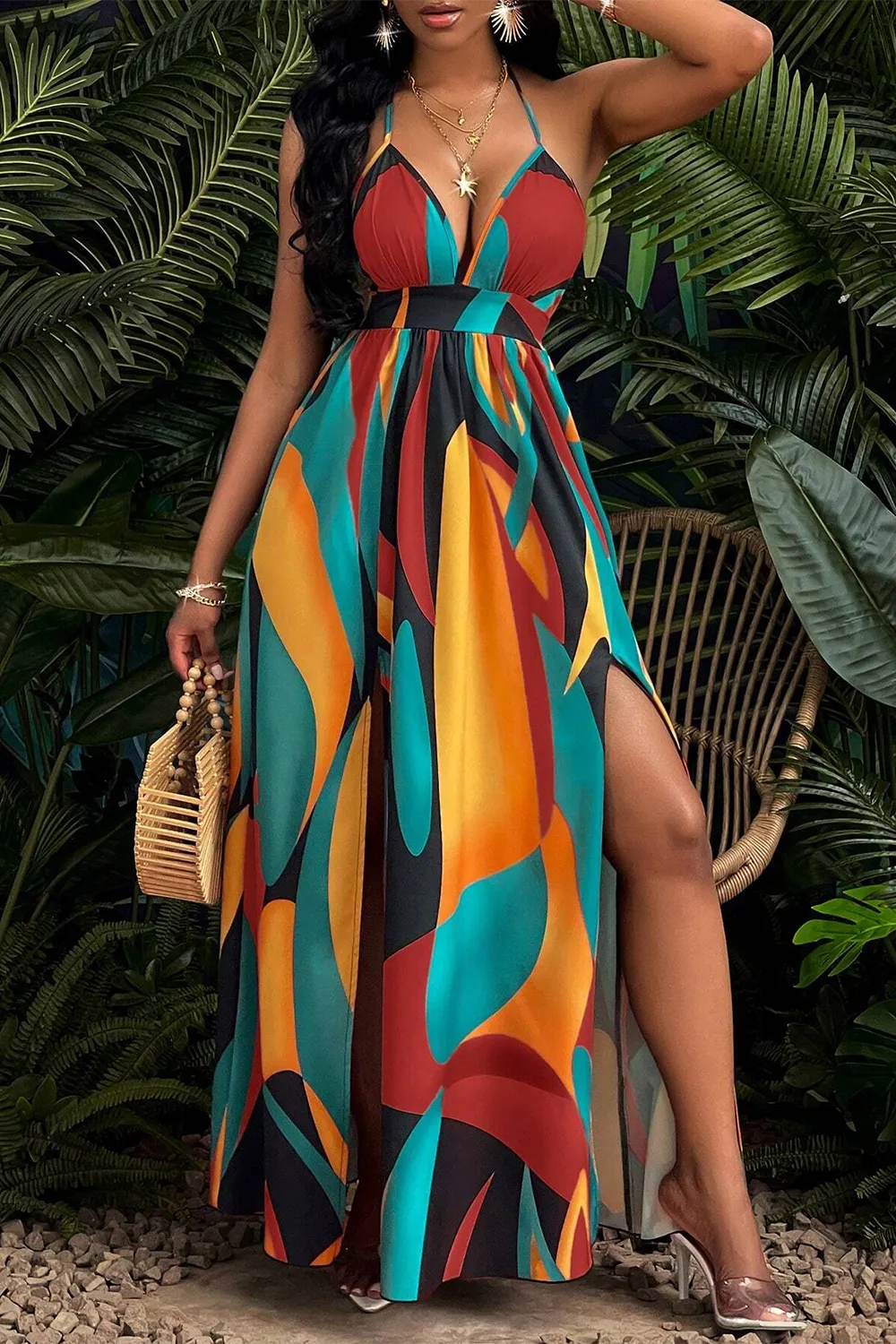 Sexy Backless Multi-color Pattern Dress