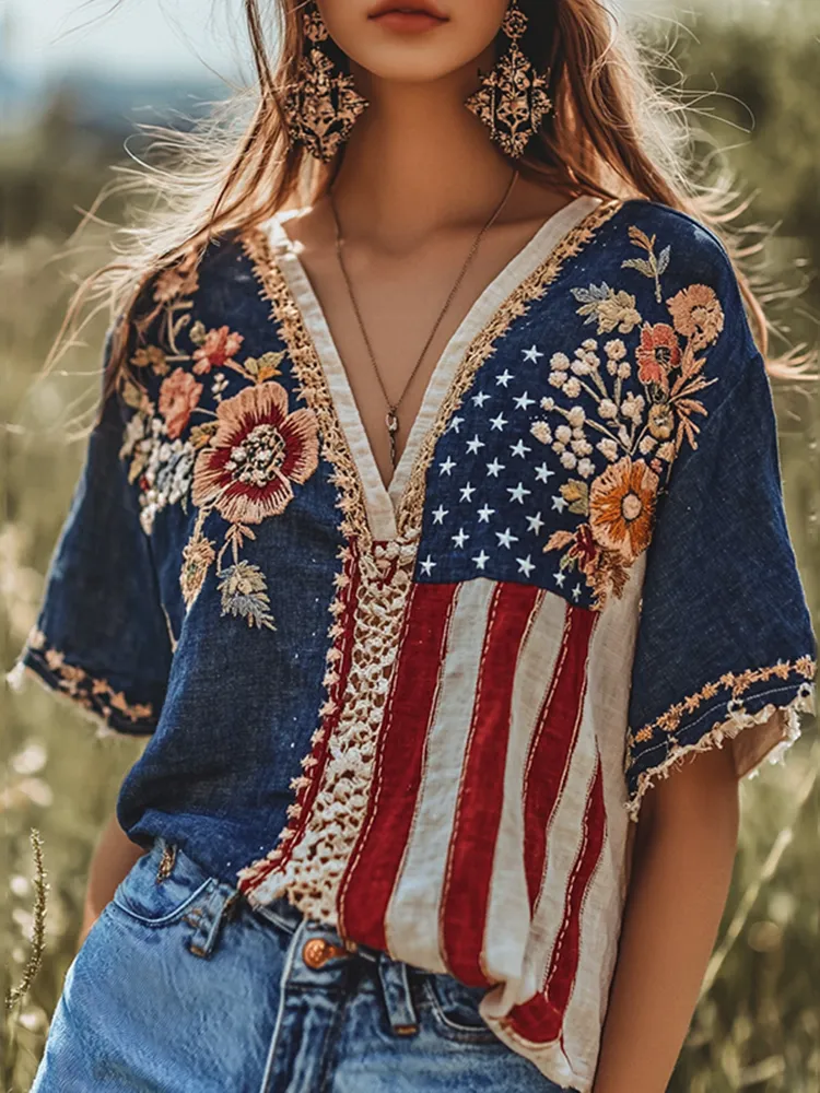 Women's Vintage Flag Flower Embroidered Art Linen T-shirt