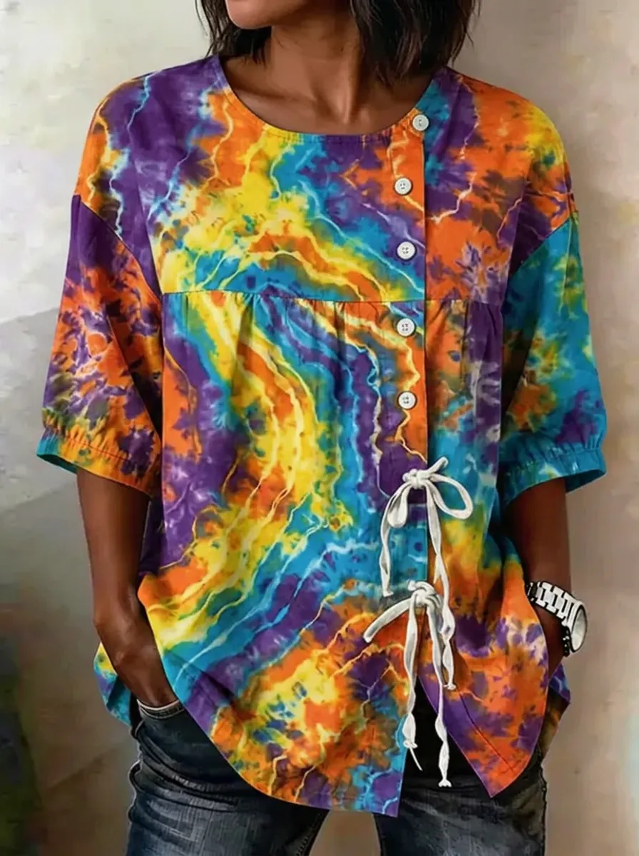 Women's Nashville Tie-Dye Pattern Printed Button-Up Top