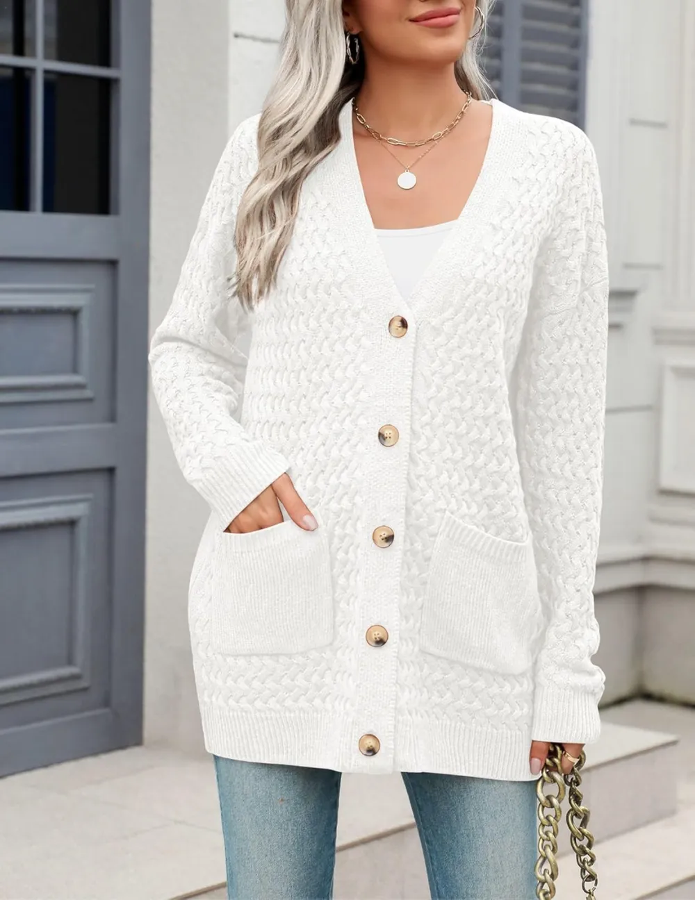 Womens 2024 Long Sleeve Chunky Cable Knit Fall Cardigans Sweaters Button Down Open Front Outerwear with Pockets