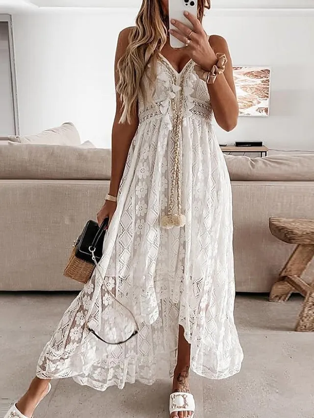 Women's Party Dress Lace Dress Casual Dress Holiday Dress Long Dress Maxi Dress White Beige Sleeveless Print Lace Summer Spring V Neck Basic