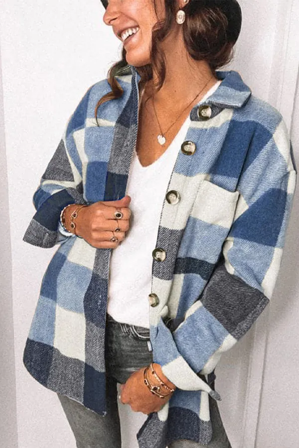 Lapel Casual Tartan Boucle Shirt Outerwear