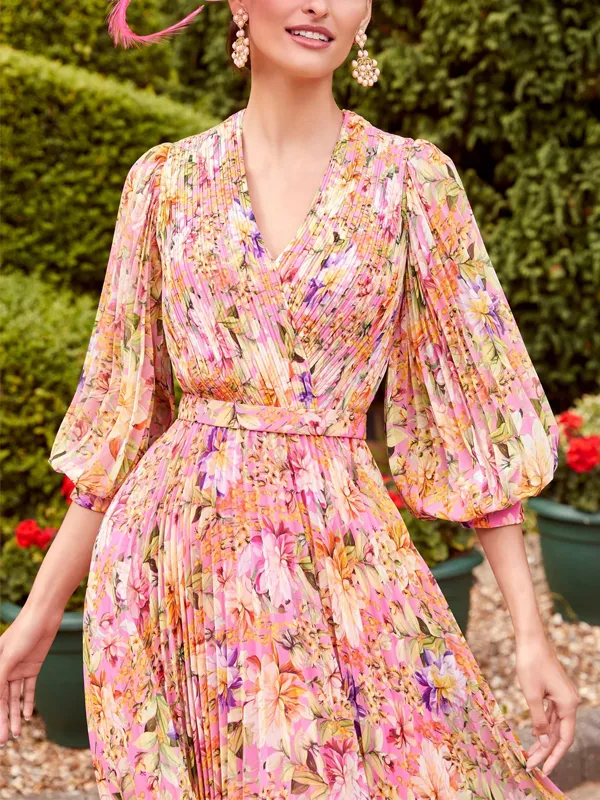 V-Neck Balloon Sleeve Printed Maxi Dress