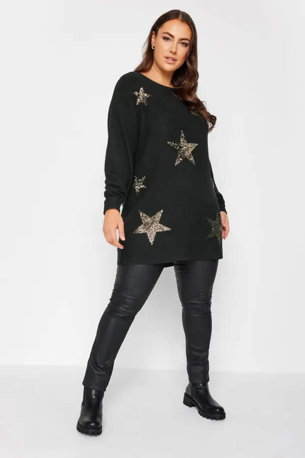 YOURS Curve Black Sequin Star Print Jumper