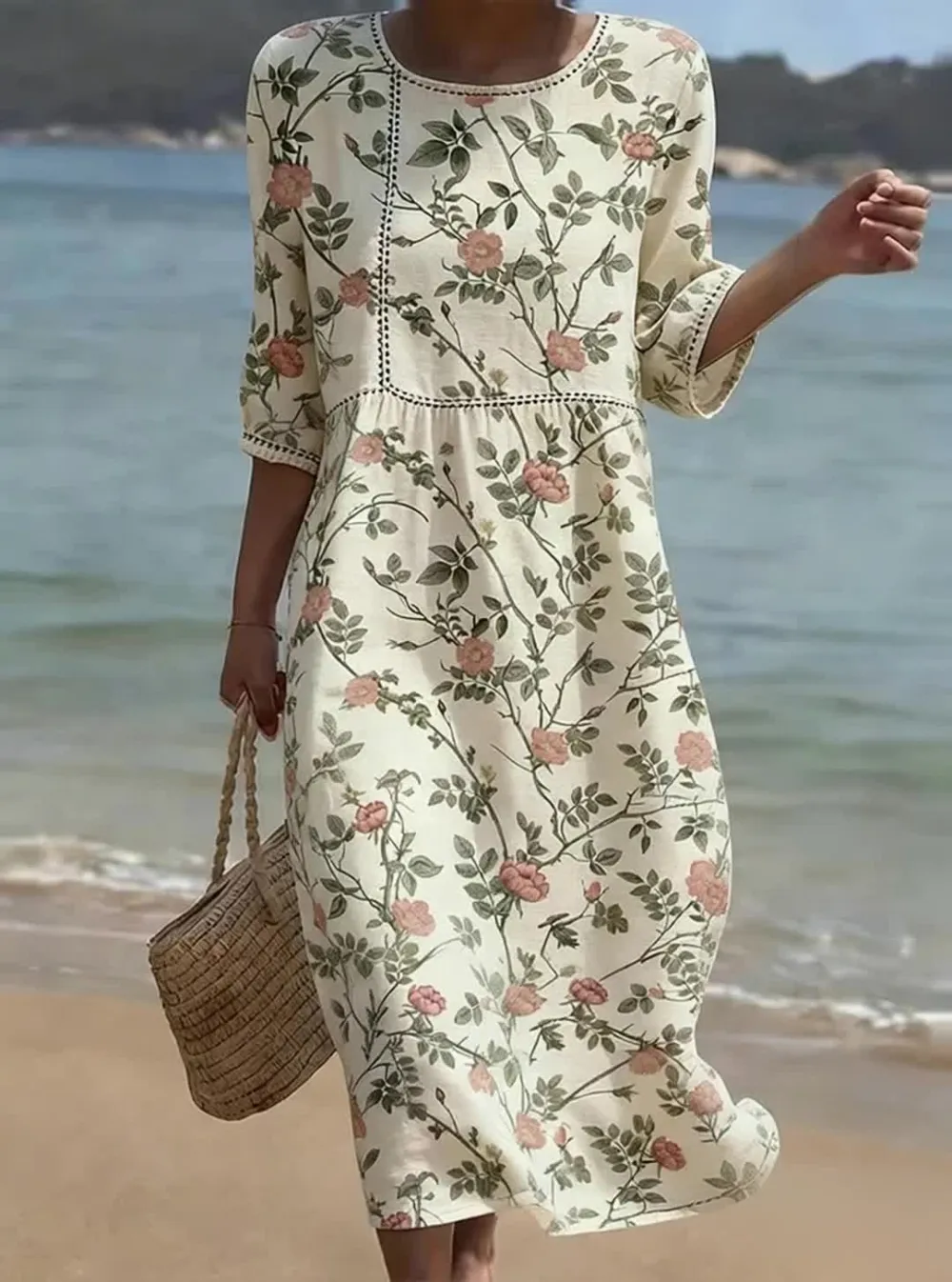 Women's Casual Retro Printed Round Neck Dress