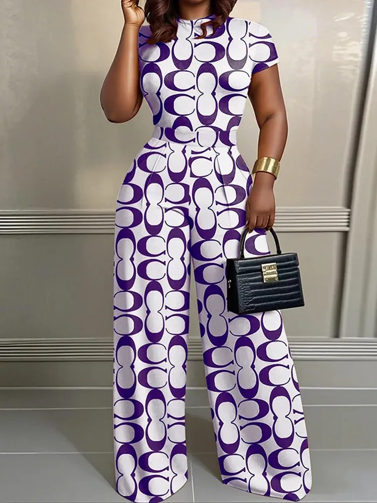 Simple Letter Print 2Pcs Set Wide Leg Jumpsuit