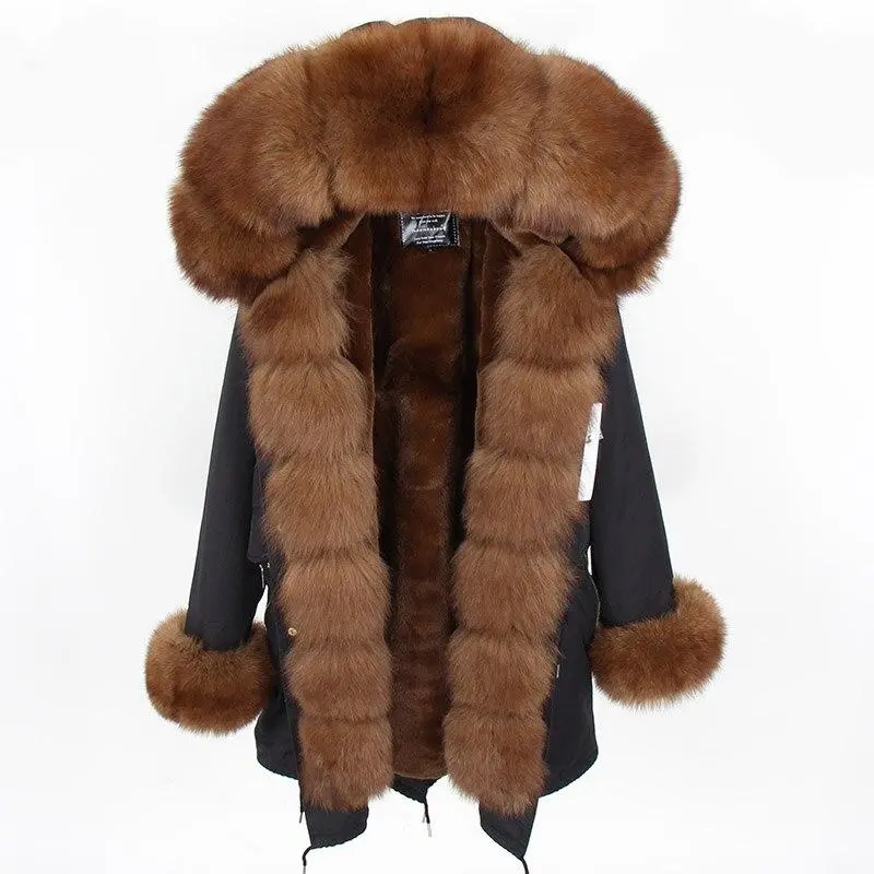 Women's Parka Fox Fur Coats Real Fur Winter Long Black Park Cotton Thick Warm