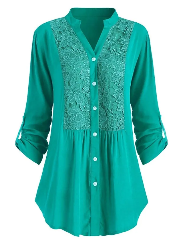 Women's Shirt Tunic Shirts Black White Wine Solid Color Floral Florals Lace Lace Trims Long Sleeve Daily Weekend Streetwear Casual Shirt Collar Regular Fit Spring Fall Winter