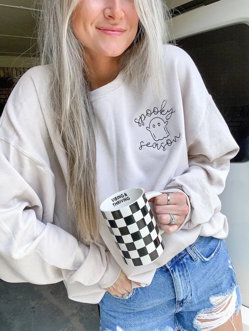 LOTUCY Halloween Sweatshirt Women Cute Spooky Season Sweatshirts Ghost Fall Embroidered Sweater Pullover Top