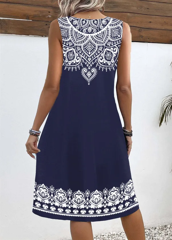 Navy Breathable Tribal Print A Line Sleeveless Dress