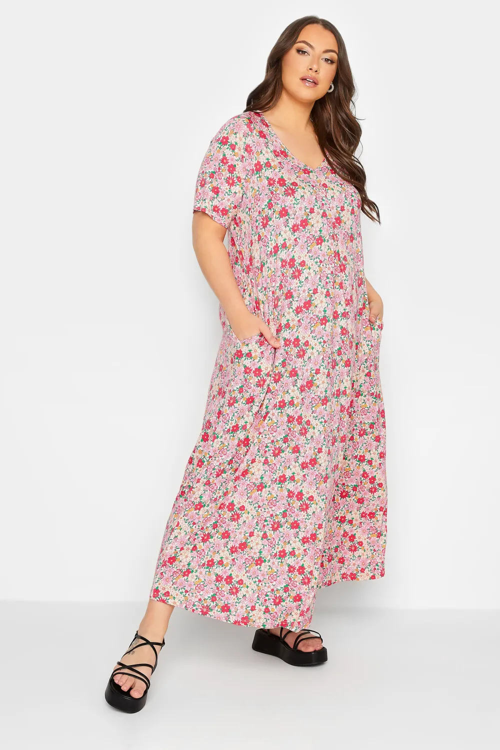 YOURS Curve Pink Floral Pleat Front Maxi Dress