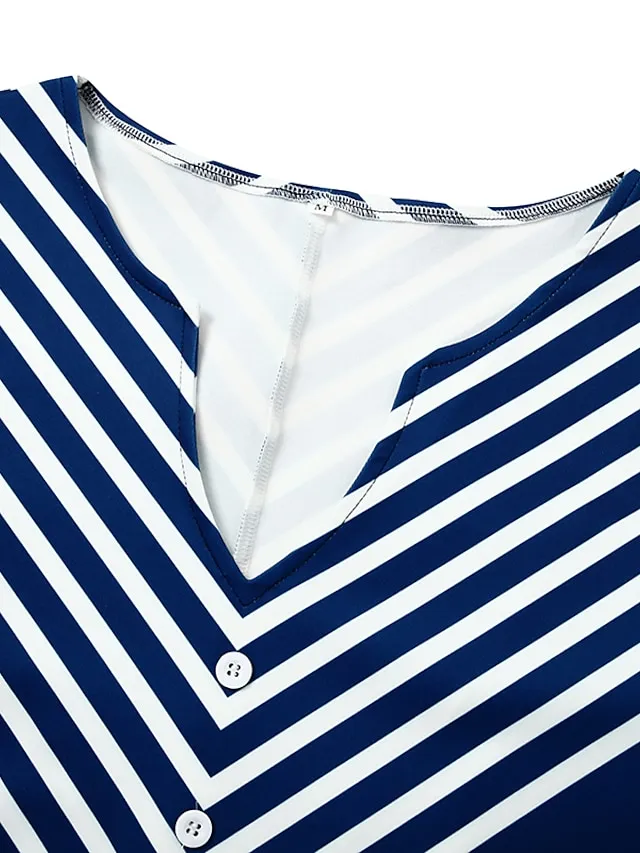 Women's Casual Dress Shift Dress Midi Dress Black and white stripes Green Dark Blue Half Sleeve Color Block Button Summer Spring V Neck Basic Vacation 2023 S M L XL XXL 3XL