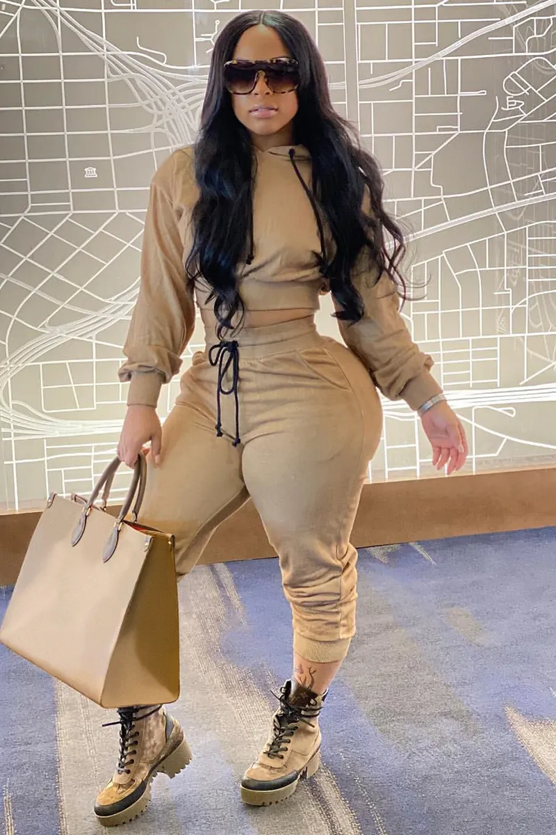 Solid Color Crop Hoodie Drawstring Jogger Pants Matching Set-Beige