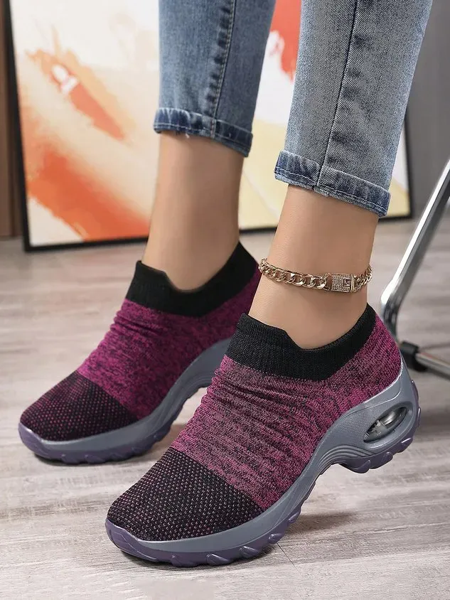 Sports Color Block Breathable Slip On Block Heel Fly Woven Shoes