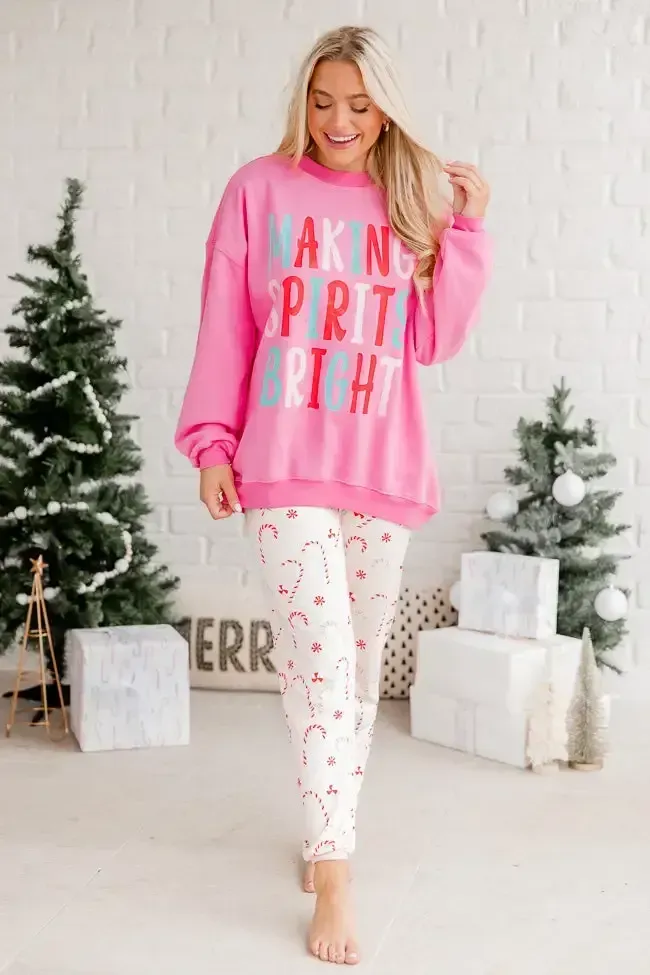 Making Spirits Bright Pink Oversized Graphic Sweatshirt