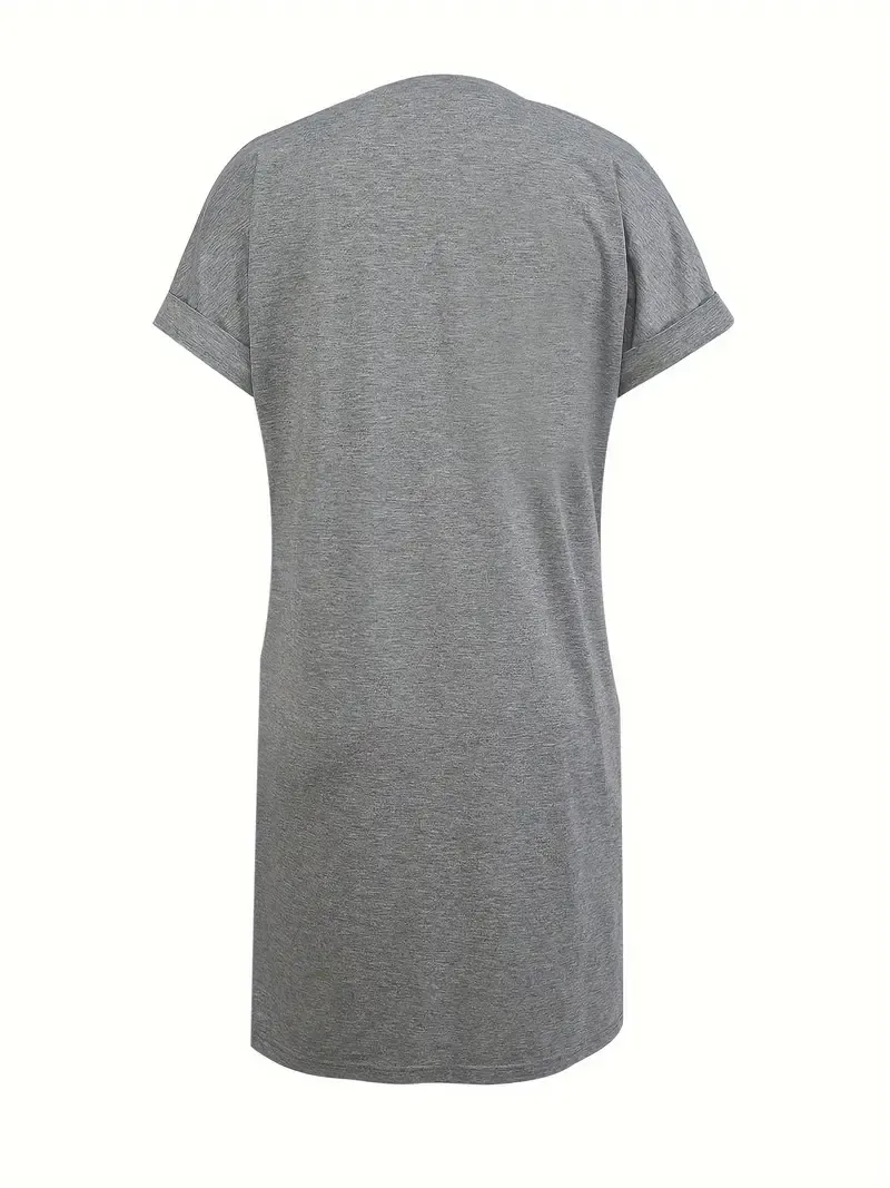 Lightweight Design] Women's Elegant Solid Color V-Neck Short Sleeve Dress - Lightweight Polyester, Casual Loose Fit with Pockets, Perfect for Spring/Summer Outings