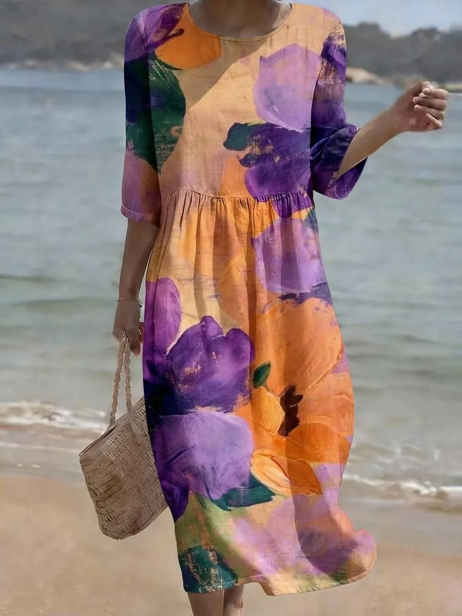 Women's Casual Floral Art Printed Cotton And Linen Dress