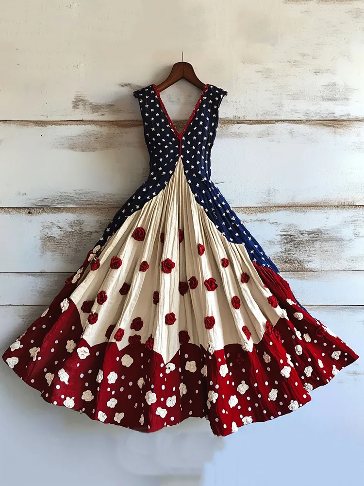 Women's Vintage Independence Day Flowers Art Linen Midi Dress