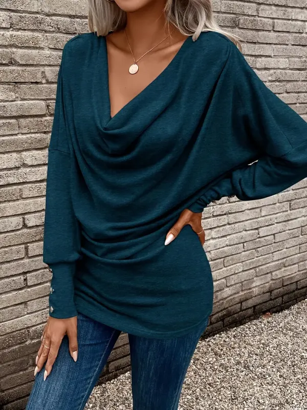 Women'S Elegant Cowl Collar Long Sleeve Knit T-Shirt, Solid Color Polyester 95% Elastane 5% Knit Fabric, Regular Length Spring/Fall Top with Button Detail