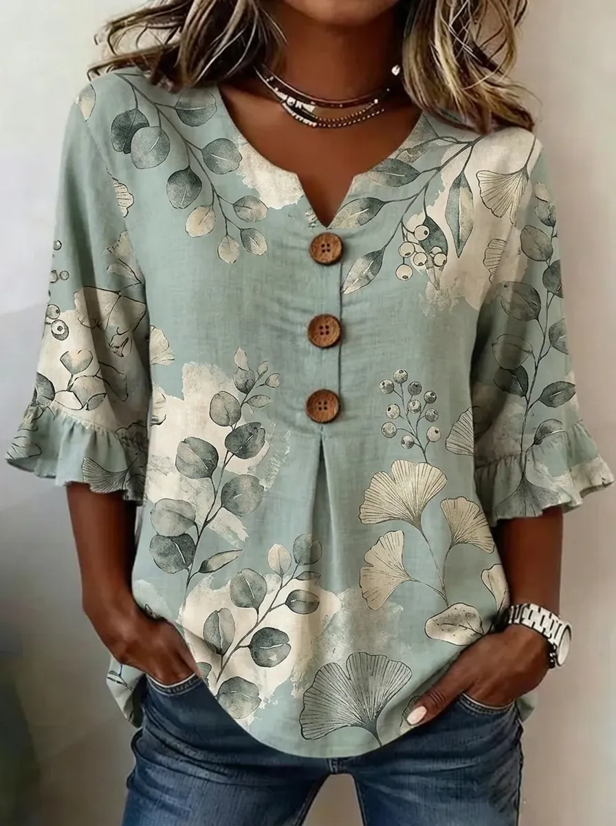 Women's Nashville Botanical Eucalyptus Printed V-Neck Button Top