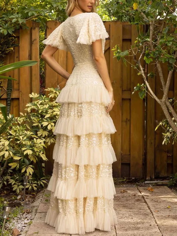 V-neck short-sleeve solid color long dress