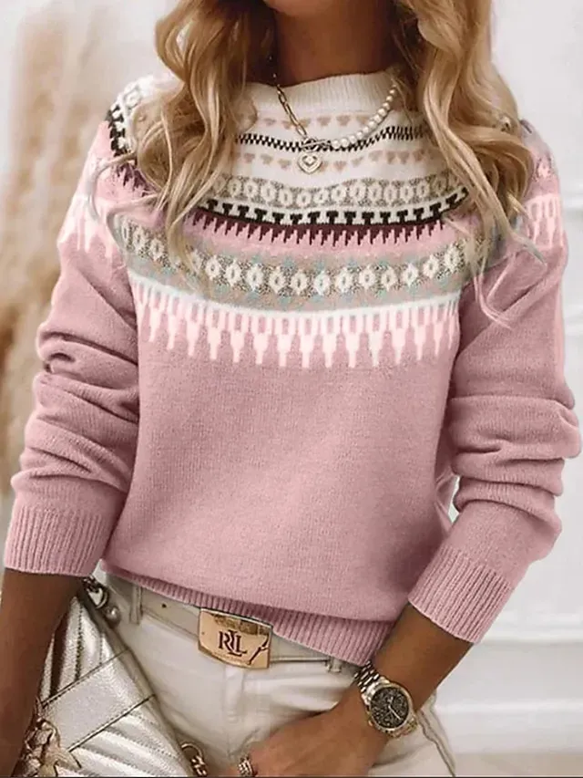 Women's Sweater Pullover Sweater Jumper Casual Soft Geometric Color Block Ribbed Crew Neck Knitted Long Sleeve Regular Tops Knit Outdoor Daily Weekend Pink Blue Fall Winter