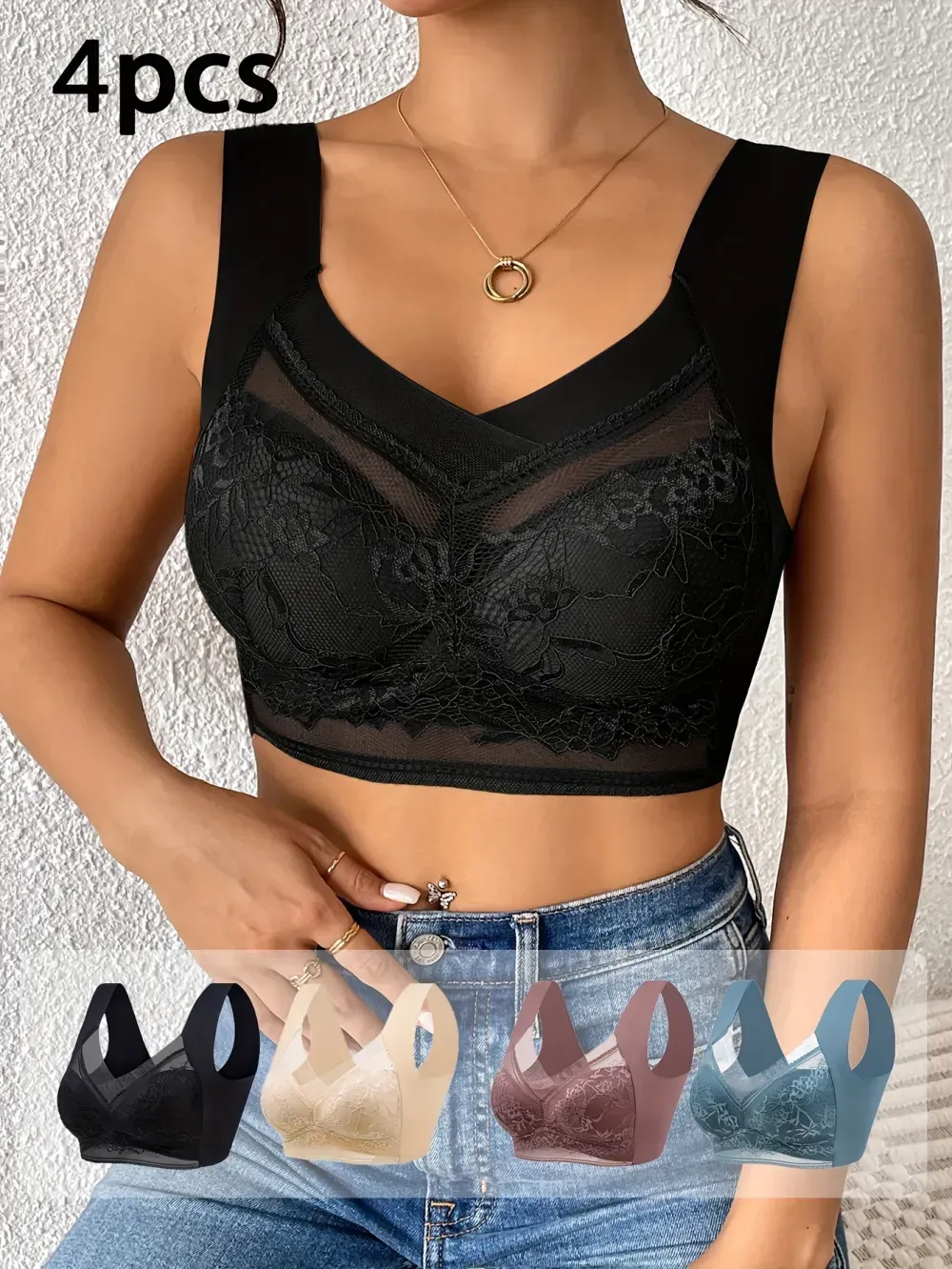 4pcs of mixed color Women's lace contrast underwear