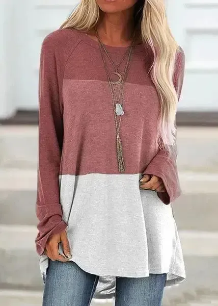 Casual Round Collar Color Block Long Sleeve Tops
