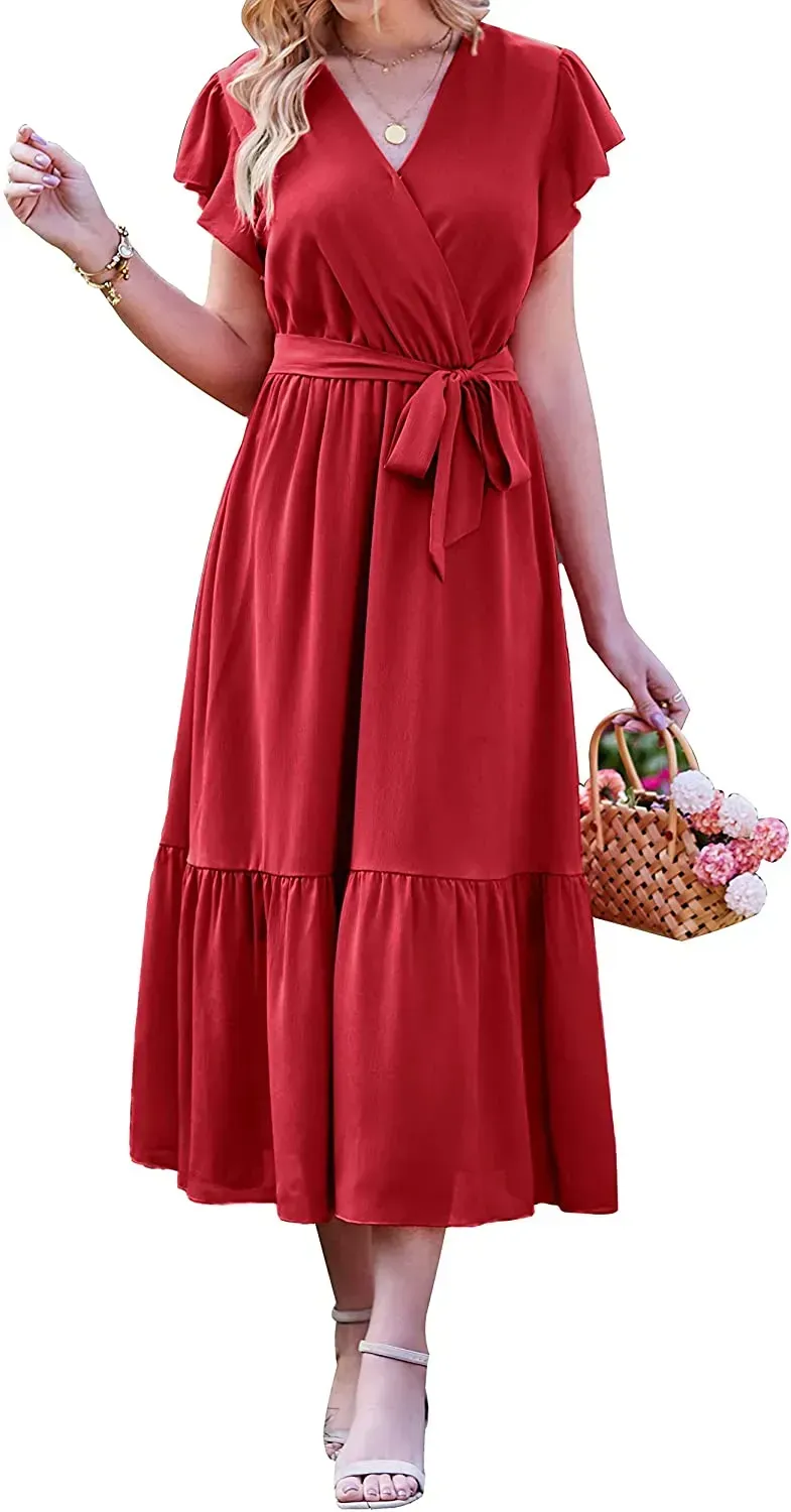 Women Summer Bohemian Floral Casual Wrap V Neck Ruffle Cap Sleeveless Belt A-Line Pleated Hem Swing Midi Sun Dress