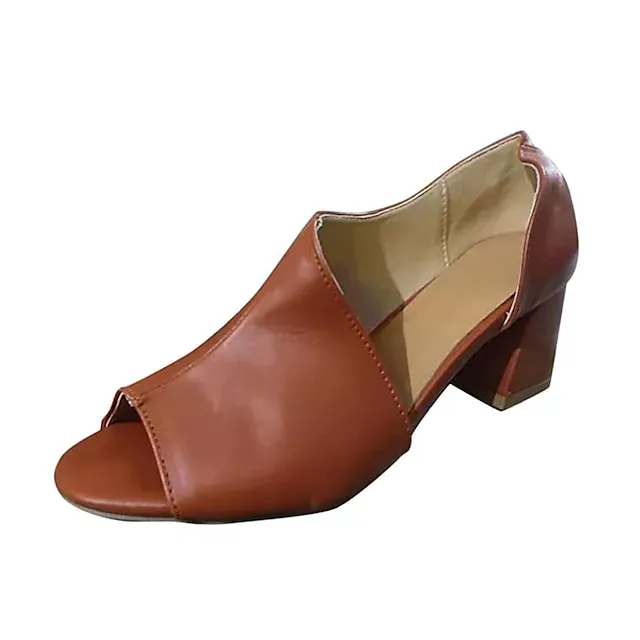 Women's Sandals Block Heel Sandals Plus Size Party Outdoor Office Summer Block Heel Low Heel Chunky Heel Peep Toe Elegant Casual Minimalism Walking Shoes PU Leather Loafer Solid Colored Dark Brown