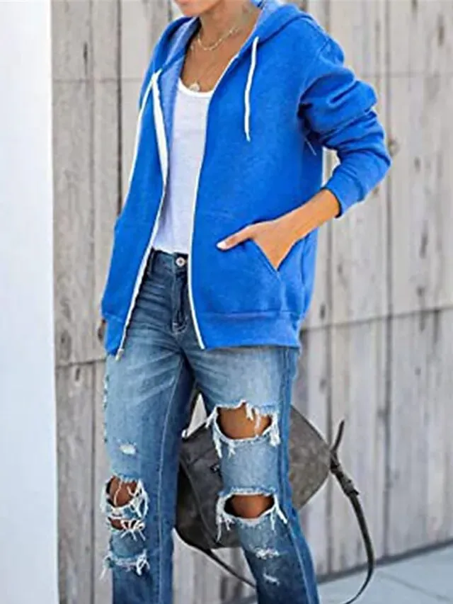 Women's Hoodied Jacket Casual Jacket Fall Spring Outdoor Zipper Plain Breathable Streetwear Regular Fit Outerwear Long Sleeve Summer Black S