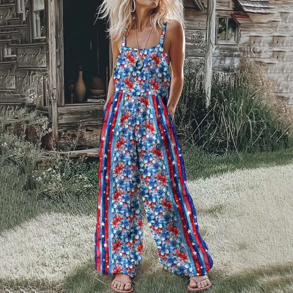 Women's Vintage Independence Day Floral Patch Jumpsuit