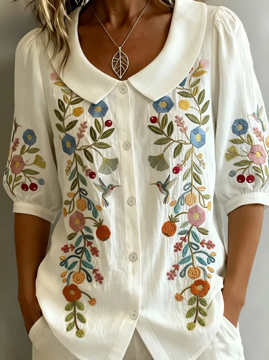 Women's Nashville Floral Hummingbird Embroidered Printed Shirt