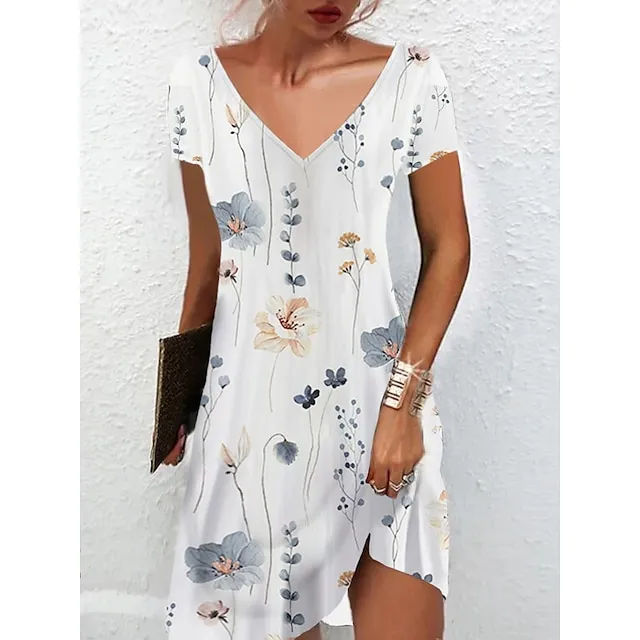 Women's Casual Dress Summer Dress Print Dress Floral Print V Neck Mini Dress Active Fashion Outdoor Daily Short Sleeve Regular Fit Black And White Olive Green Colourful Summer Spring S M L XL XXL