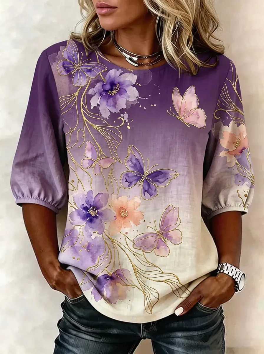 Women's Nashville Floral Butterfly Watercolor Printed Top