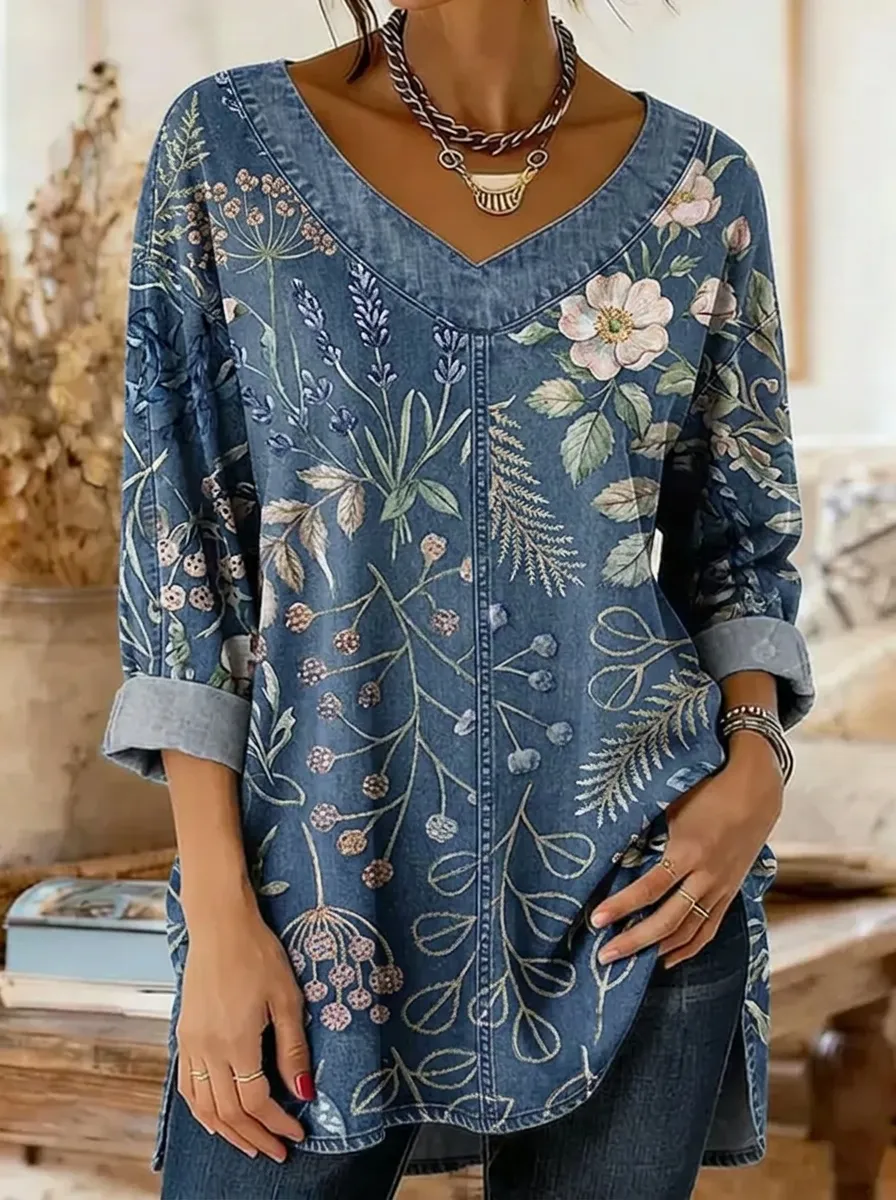 Women's Nashville Botanical Floral Printed V-neck Top