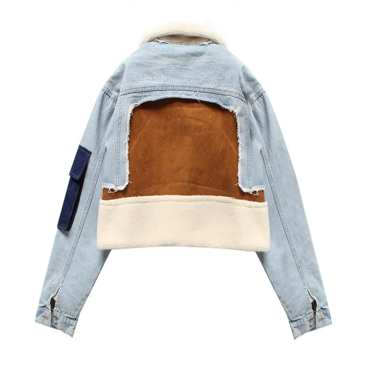 Fashion Plush Denim Stitching Lamb Wool Liner Thickened Short Jacket