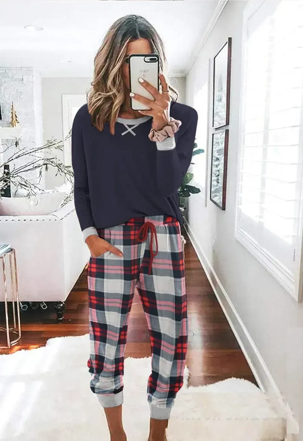 Women's Pajamas Sets Long Sleeve with Plaid Pants Soft Sleepwear O Neck 2 Piece Pjs Joggers Loung Set with Pockets