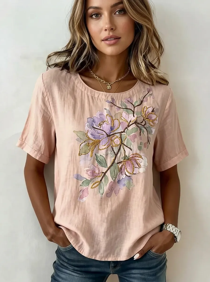 Women's Nashville Floral Art Watercolor Printed T-shirt
