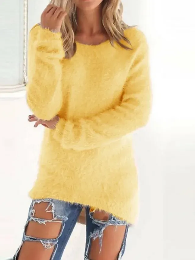 Women's Pullover Sweater Jumper Stylish Casual Soft Solid Color Fuzzy Crew Neck Oversized Long Sleeve Long Tops Knit Outdoor Daily Going out Lake blue ArmyGreen Fall Winter