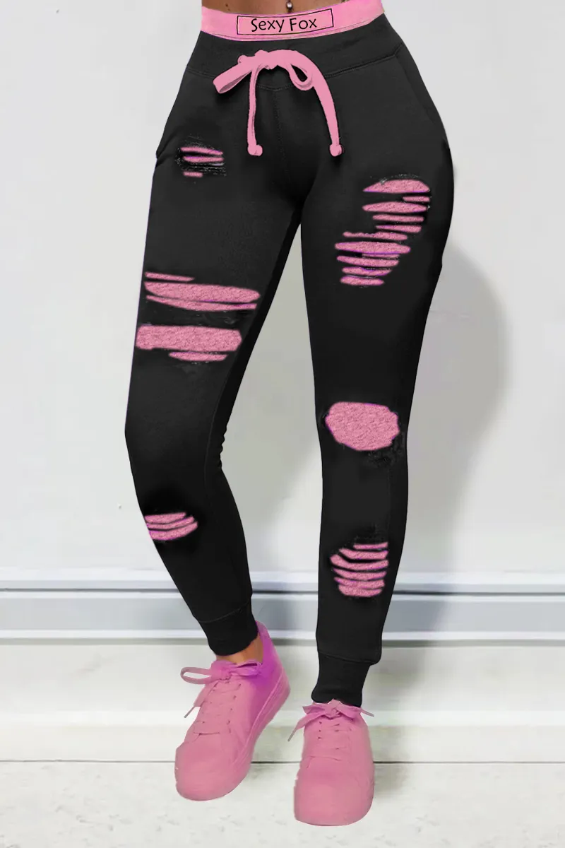 Letter Print Drawstring Ripped Pants