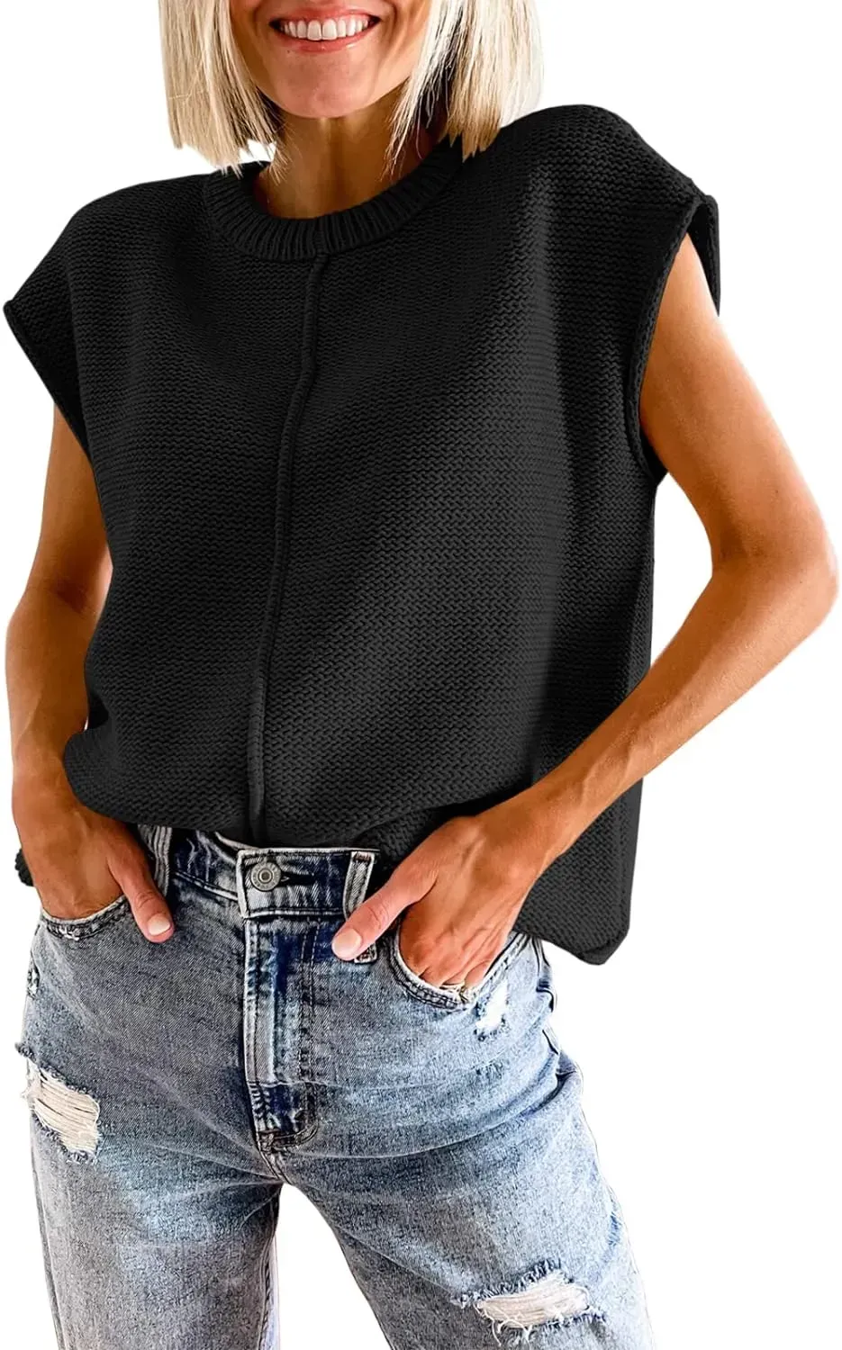 Saodimallsu Womens Summer Cap Sleeve Tops Casual Crew Neck Loose Fit Knit Lightweight Sweater Pullover Top