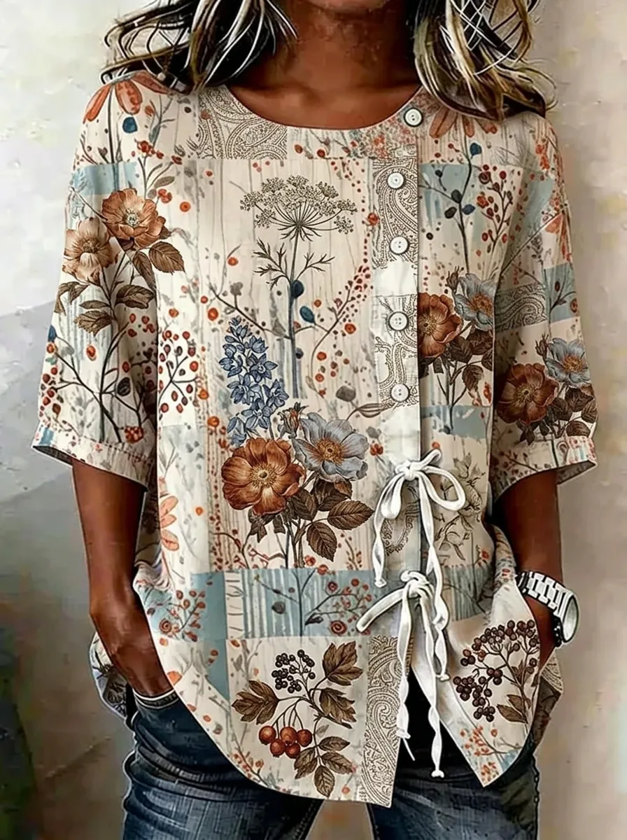 Women's Nashville Floral Botanical Printed Button-Down Top