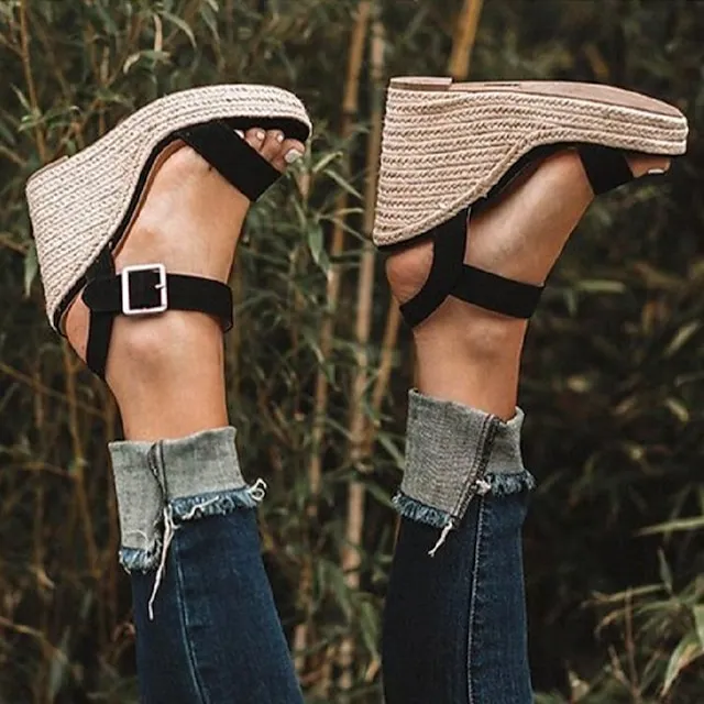 Women's Sandals Wedge Sandals Espadrilles Ankle Strap Sandals Daily Beach Summer Wedge Heel Sexy Casual PU Synthetics Ankle Strap Solid Color Black White Brown