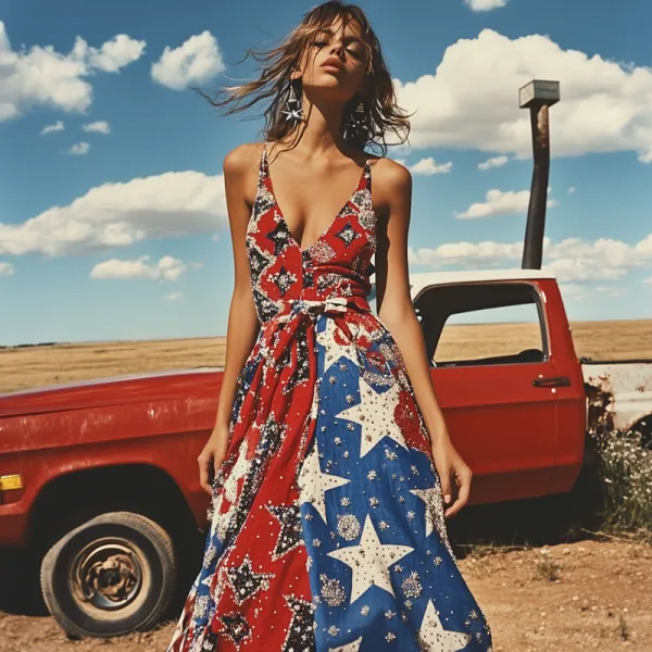 Women's Independence Day Stars And Stripes V-neck Dress