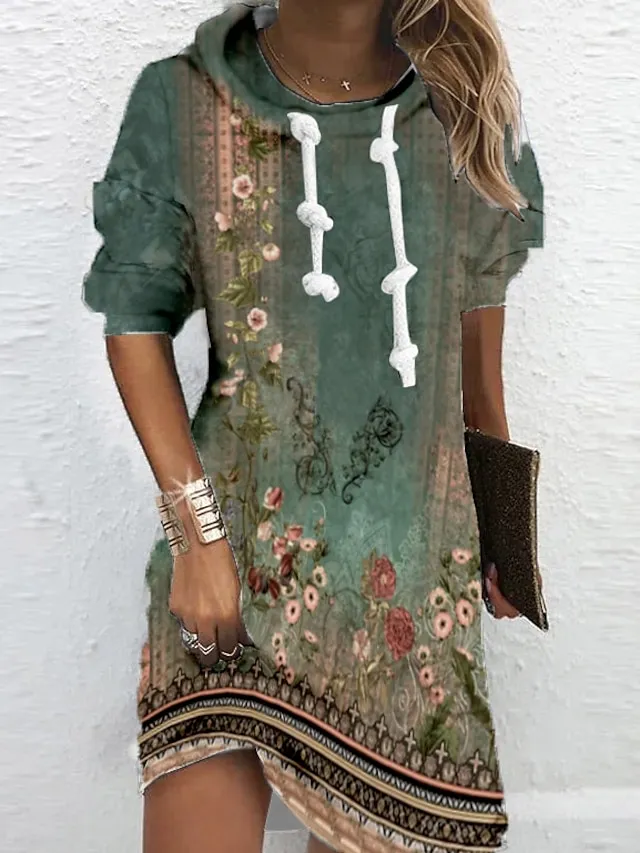 Women's Hoodie Dress Winter Dress Shift Dress Mini Dress Colorful Light Green Blue Long Sleeve Floral Print Fall Winter Autumn Hooded Vacation Vacation Fall Dress 2023 S M L XL XXL 3XL