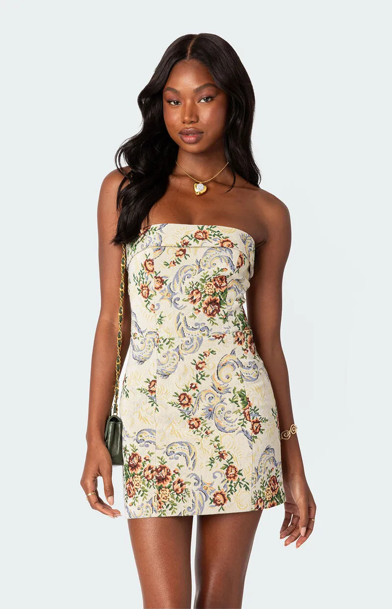 Edikted Floral Tapestry Lace Up Mini Dress